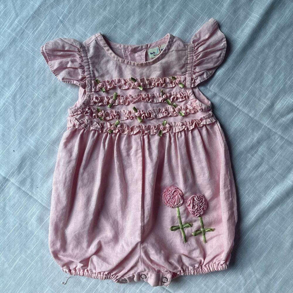 Vintage Y2K Pink Romper with Rosettes by BT Kids - Size 6-9M